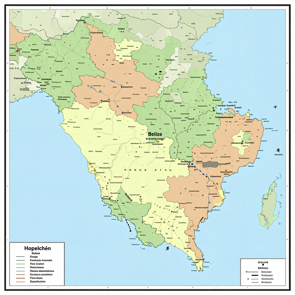 Political map showing borders, administrative divisions, major cities, and capital of Hopelchén, Belize