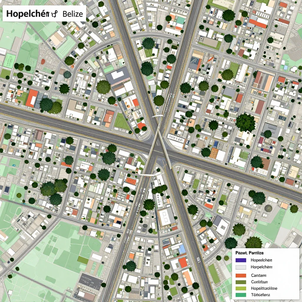 Detailed street map showing roads, highways, neighborhoods, and urban layout of Hopelchén, Belize