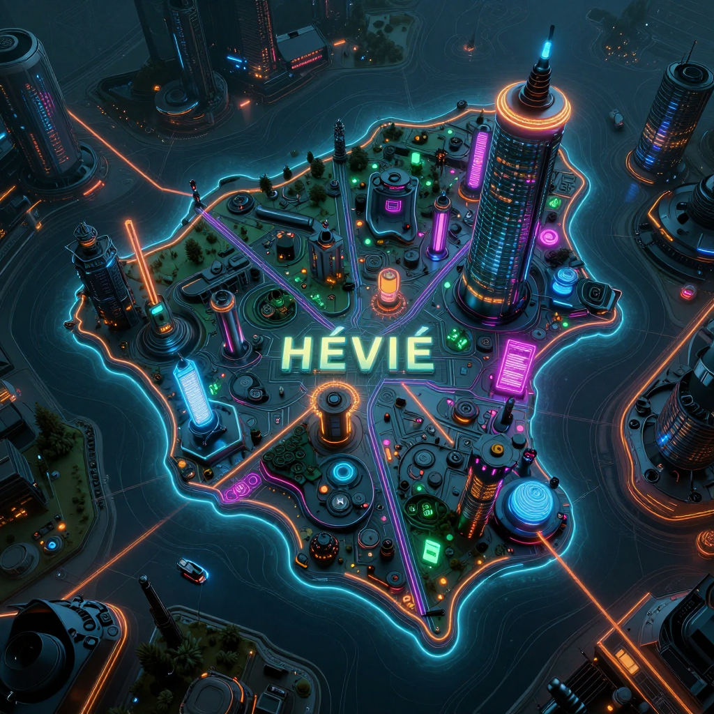Futuristic Cyberpunk Map of Hévié, Benin Cyberpunk style digital map of Hévié, Benin with neon grid lines and futuristic UI design
