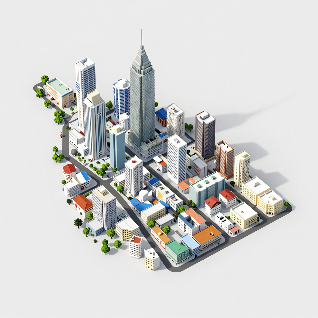Isometric Tourist Map of Hévié, Benin - Flat Design Isometric flat design tourist map of Hévié, Benin showing landmarks, attractions, and points of interest
