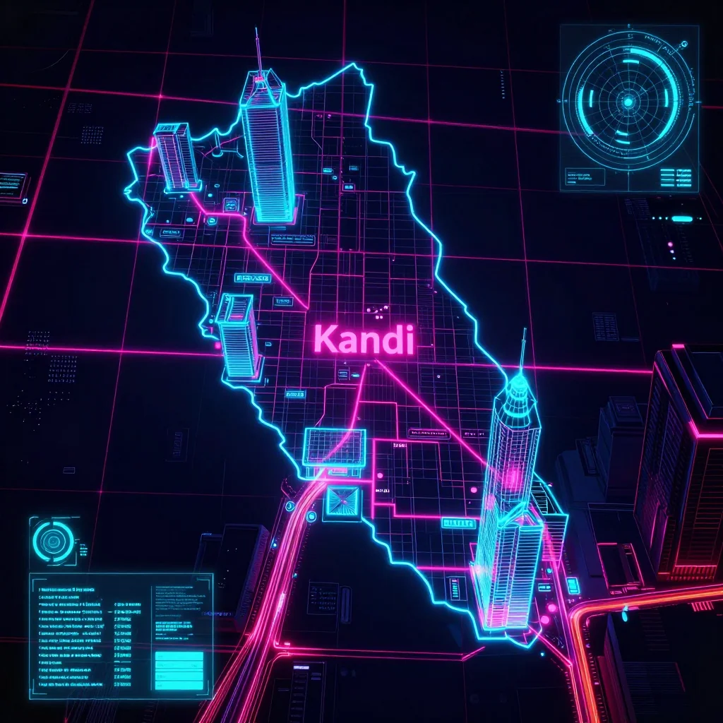 Cyberpunk style digital map of Kandi, Benin with neon grid lines and futuristic UI design