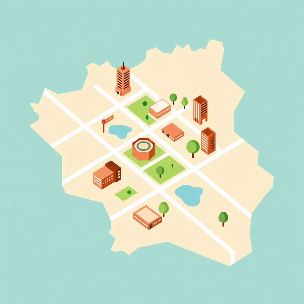 Isometric flat design tourist map of Kandi, Benin showing landmarks, attractions, and points of interest