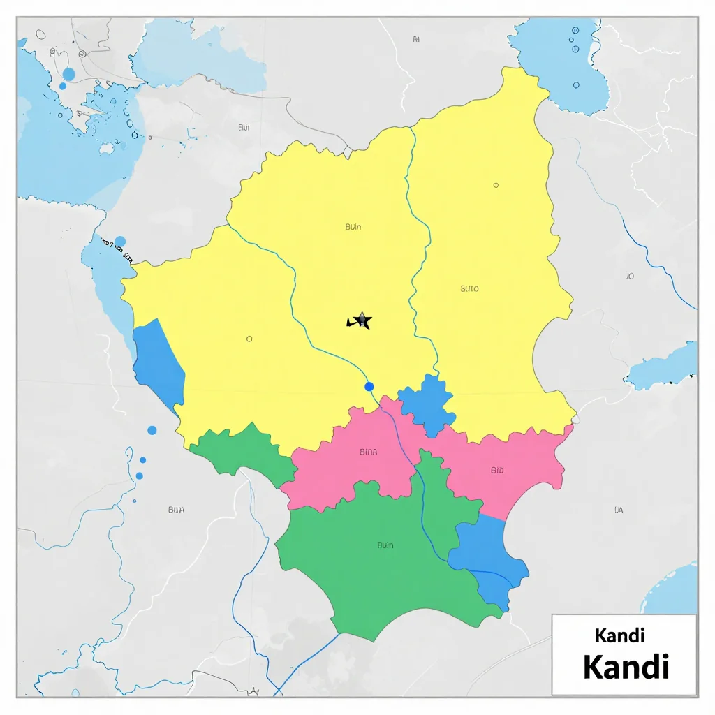 Political map showing borders, administrative divisions, major cities, and capital of Kandi, Benin