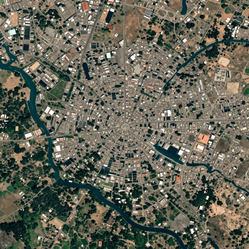 High-resolution satellite image of Kandi, Benin showing land cover, urban areas, and natural features from space