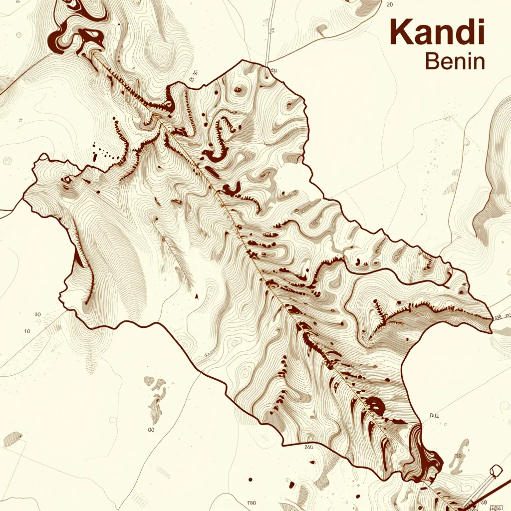 3D topographic map showing elevation contours, mountain ranges, and terrain features of Kandi, Benin