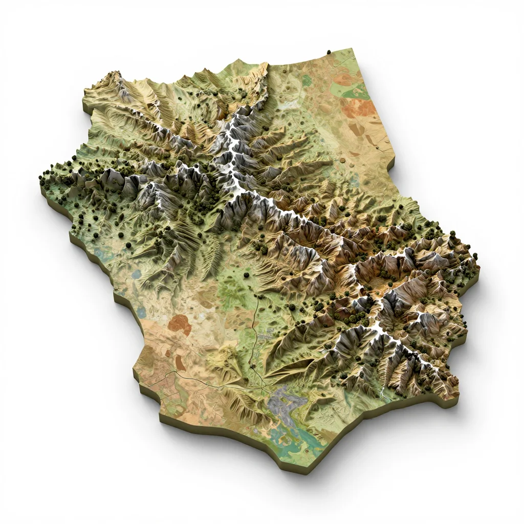 Isometric 3D topographic visualization showing elevation and terrain of Kandi, Benin