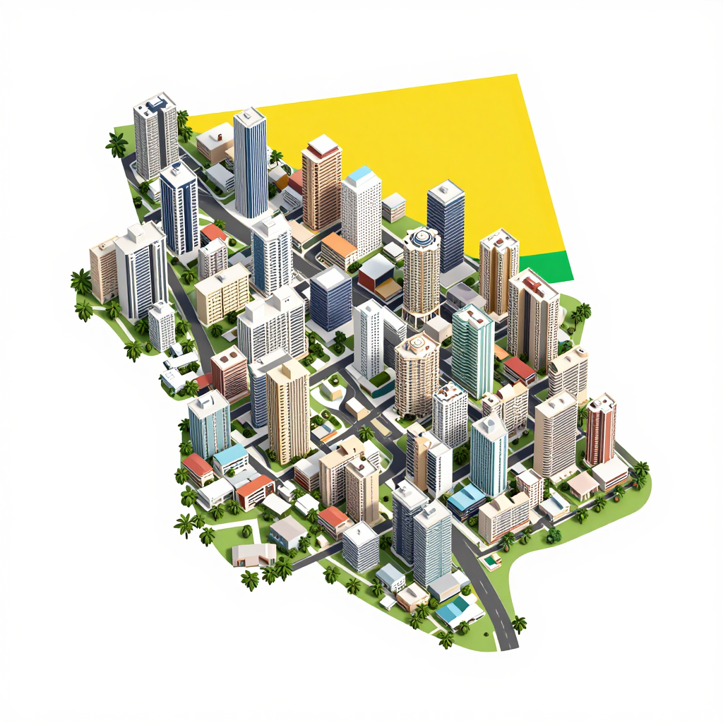 Isometric Tourist Map of Malanville, Benin - Flat Design Isometric flat design tourist map of Malanville, Benin showing landmarks, attractions, and points of interest