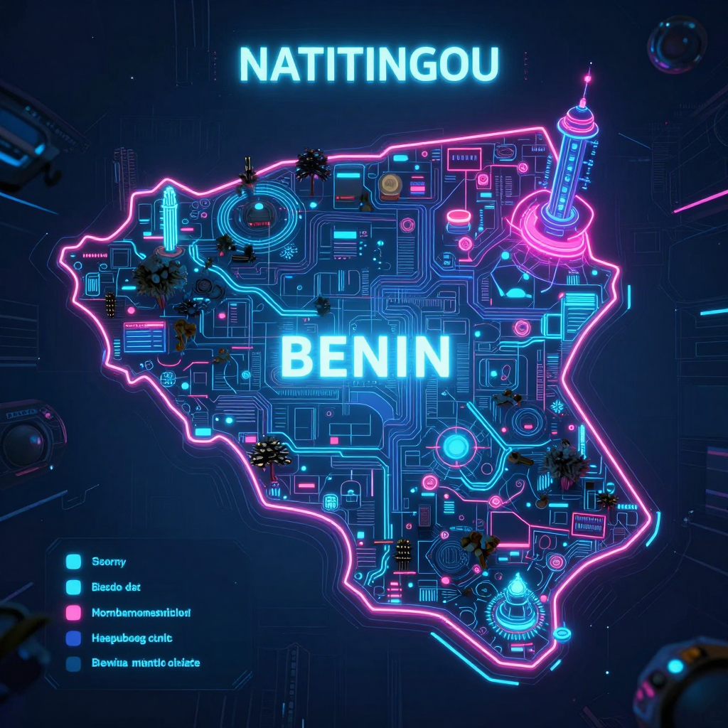 Cyberpunk style digital map of Natitingou, Benin with neon grid lines and futuristic UI design