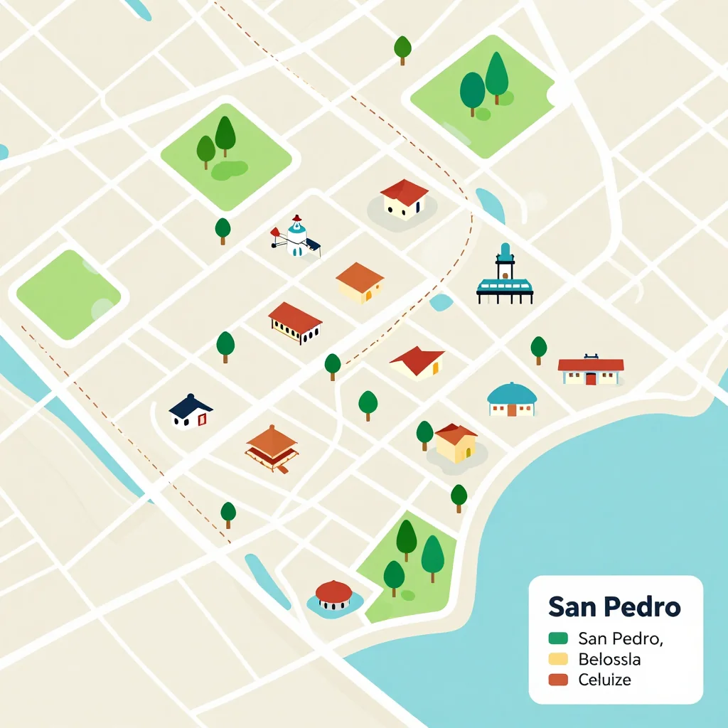 Isometric Tourist Map of San Pedro, Belize - Flat Design Isometric flat design tourist map of San Pedro, Belize showing landmarks, attractions, and points of interest
