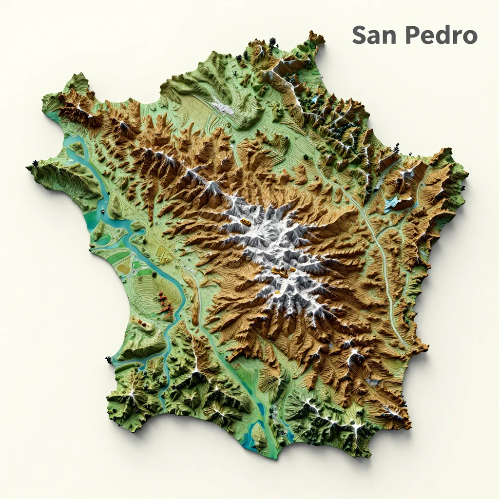 Topographic Relief Map of San Pedro, Belize 3D topographic map showing elevation contours, mountain ranges, and terrain features of San Pedro, Belize