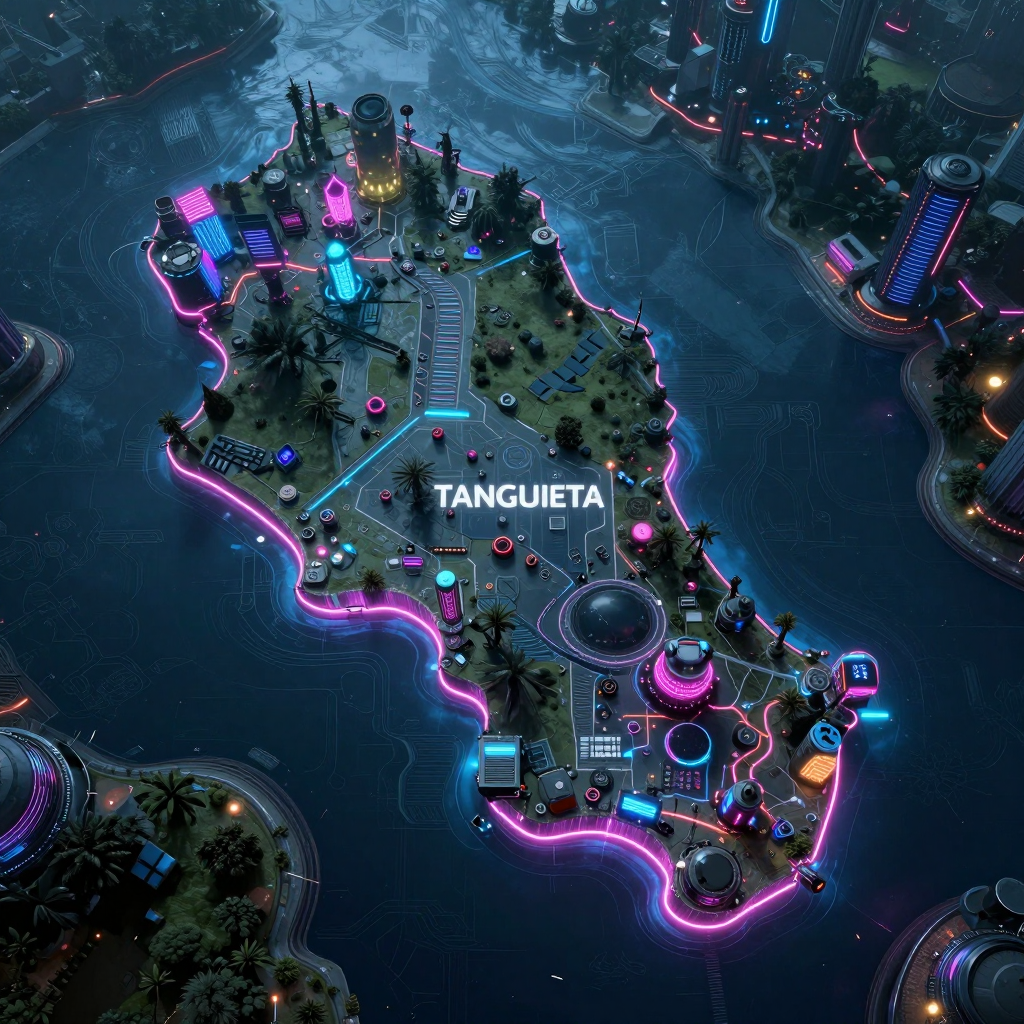 Cyberpunk style digital map of Tanguieta, Benin with neon grid lines and futuristic UI design