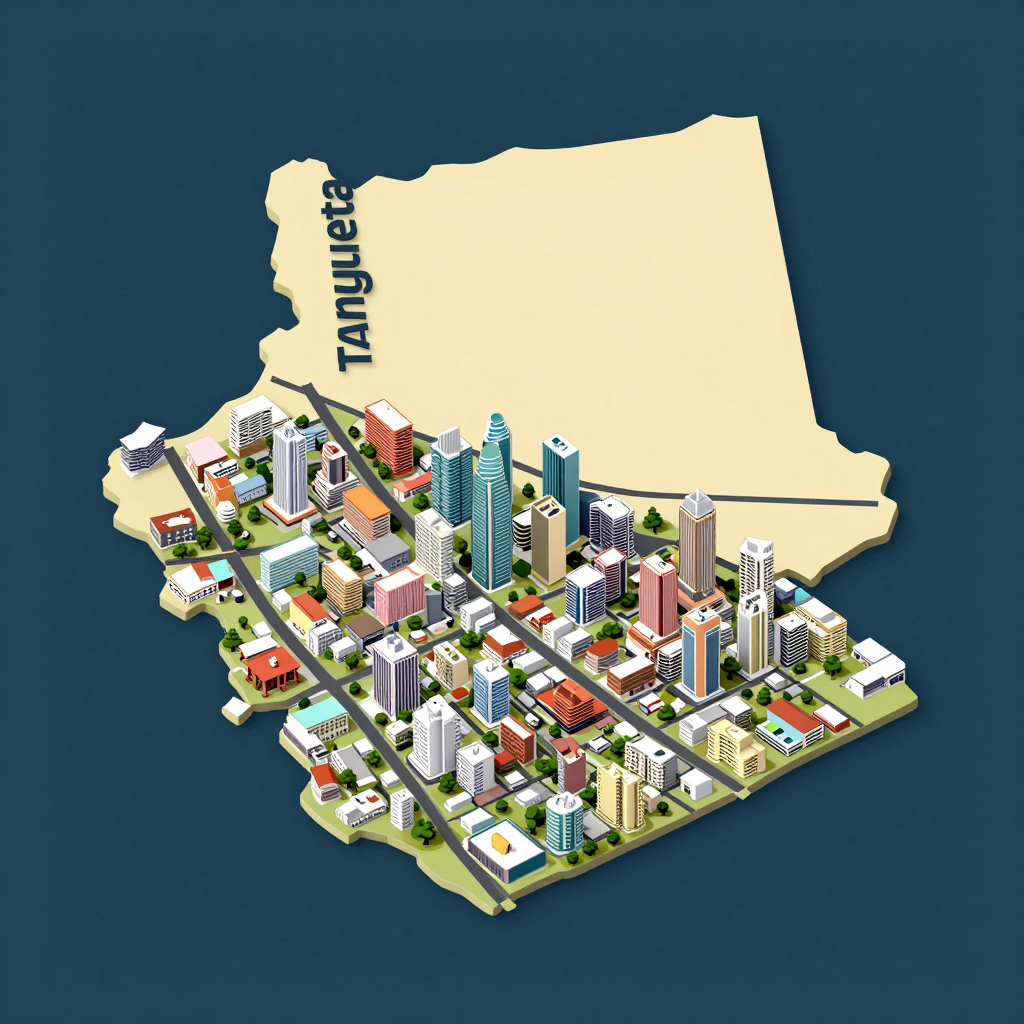 Isometric flat design tourist map of Tanguieta, Benin showing landmarks, attractions, and points of interest