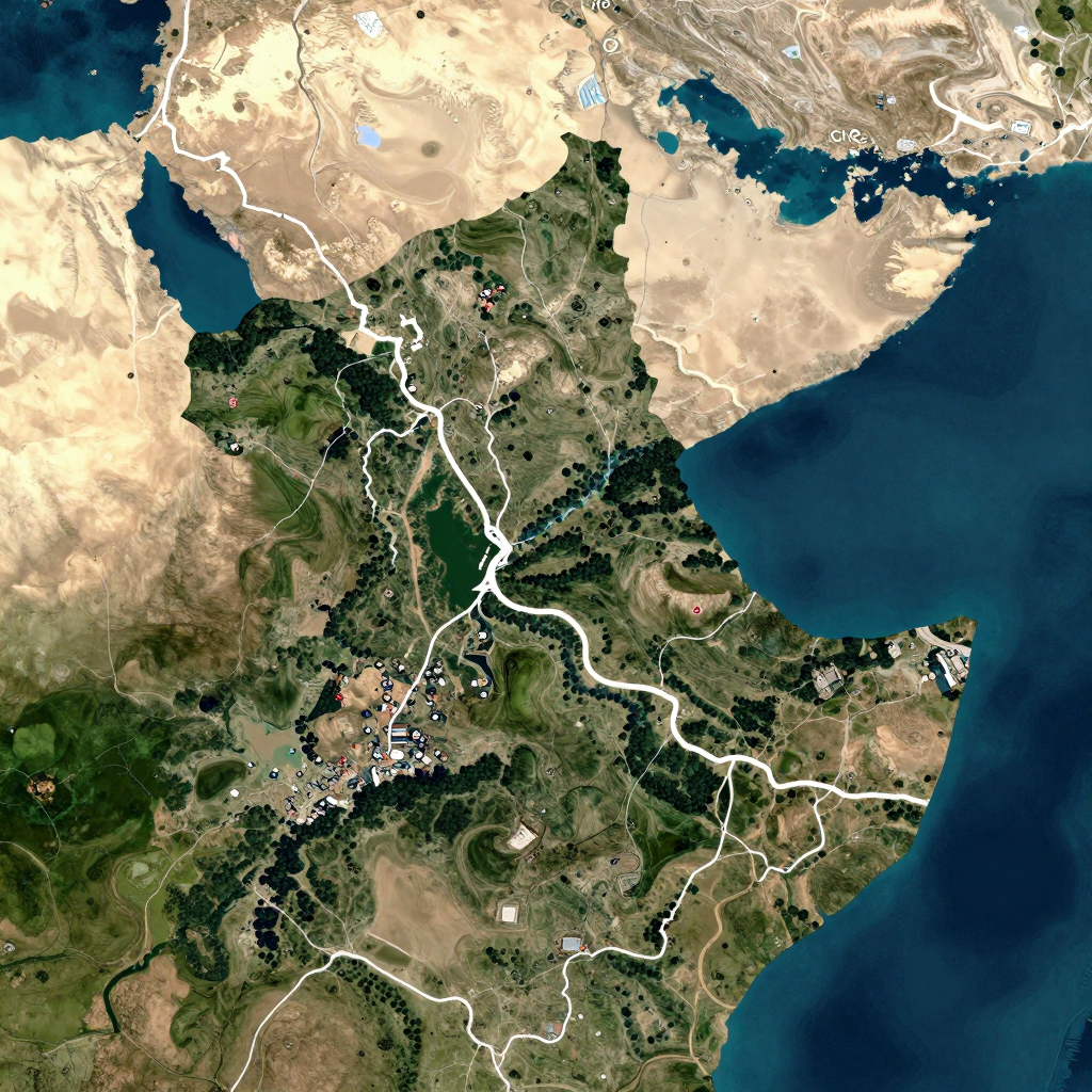 High-resolution satellite image of Tanguieta, Benin showing land cover, urban areas, and natural features from space