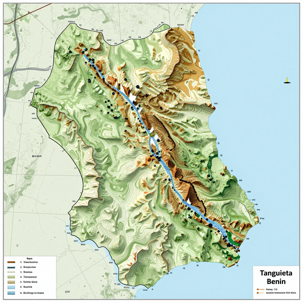 3D topographic map showing elevation contours, mountain ranges, and terrain features of Tanguieta, Benin