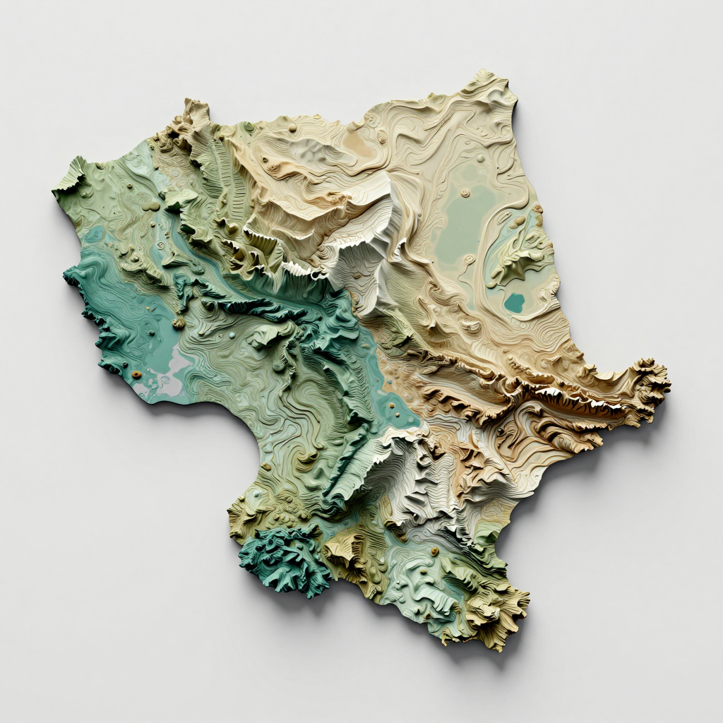 Isometric 3D topographic visualization showing elevation and terrain of Tanguieta, Benin