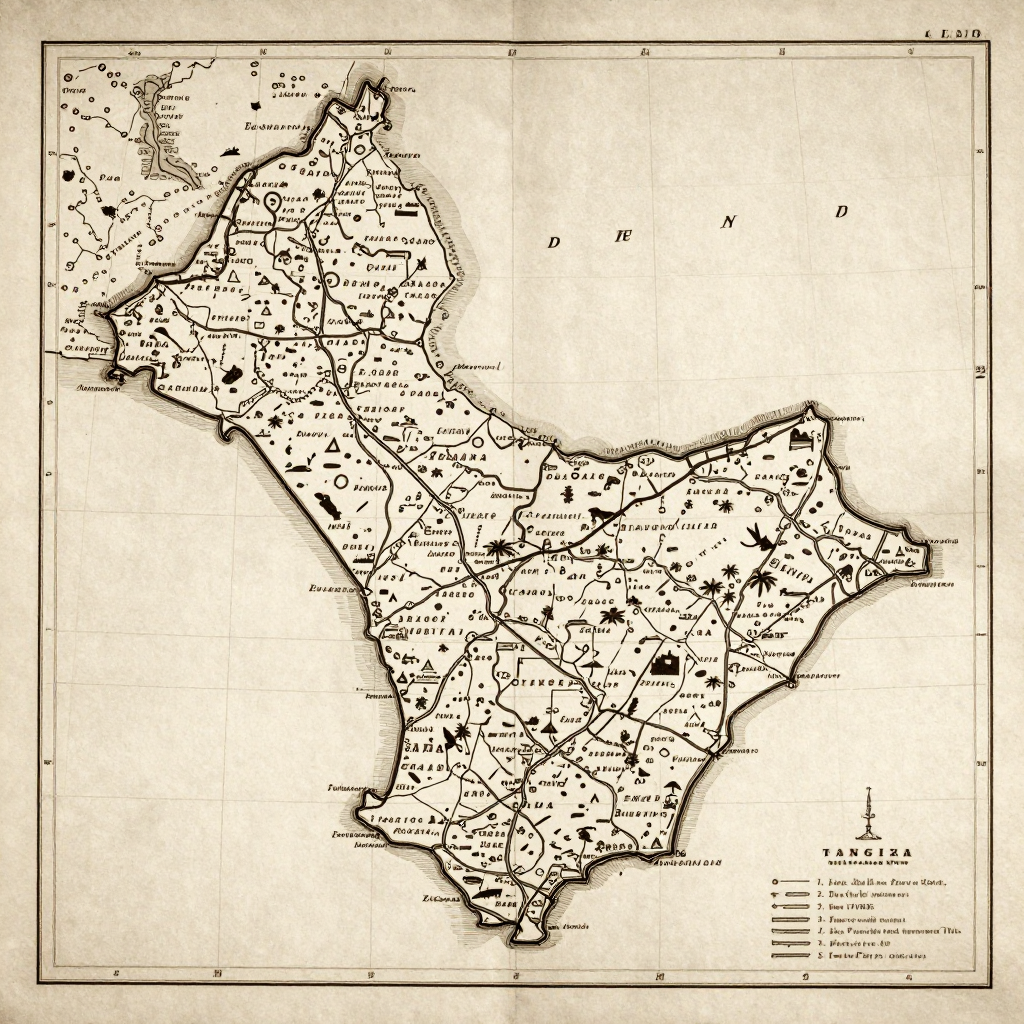 Antique vintage map of Tanguieta, Benin showing historical cartography style