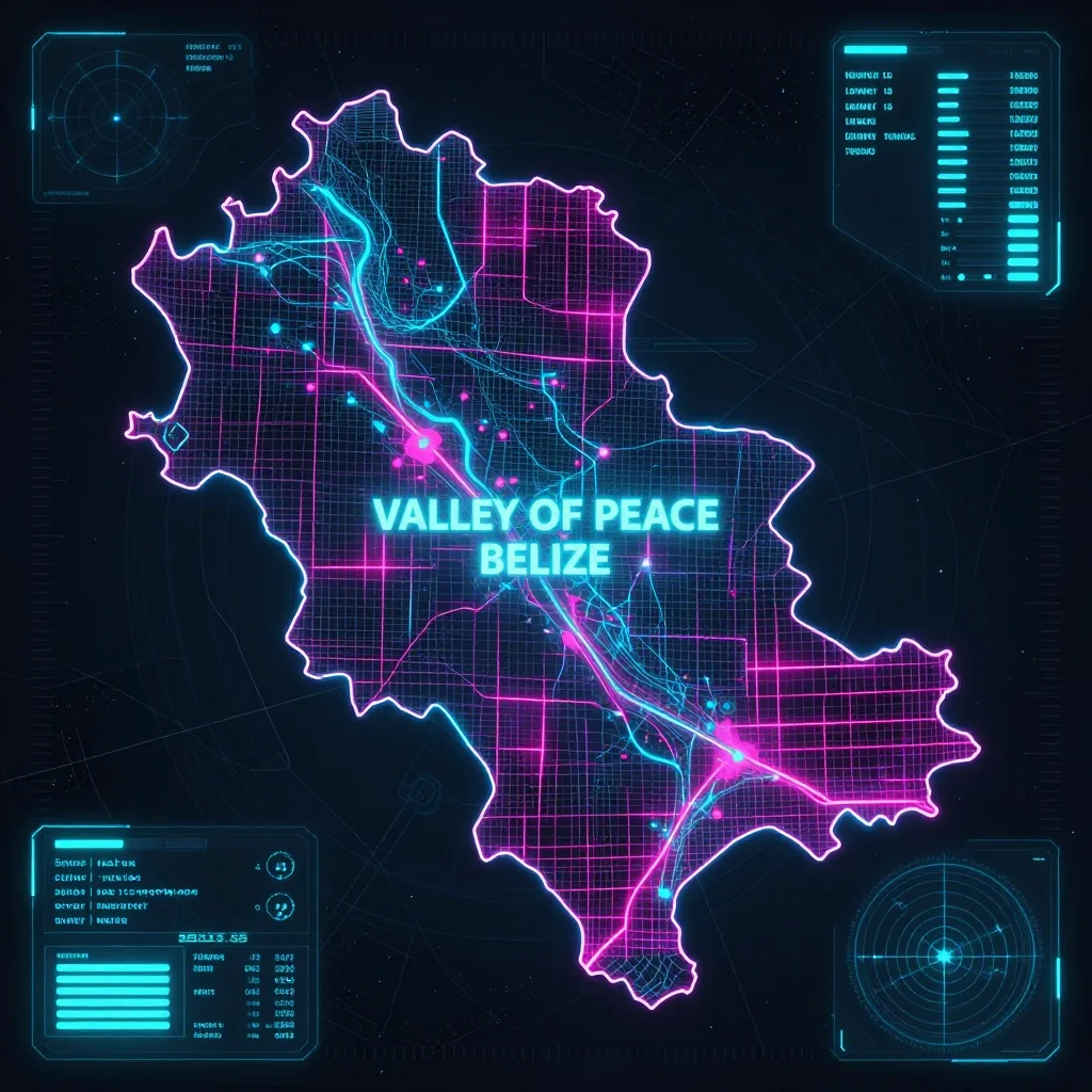 Cyberpunk style digital map of Valley of Peace, Belize with neon grid lines and futuristic UI design