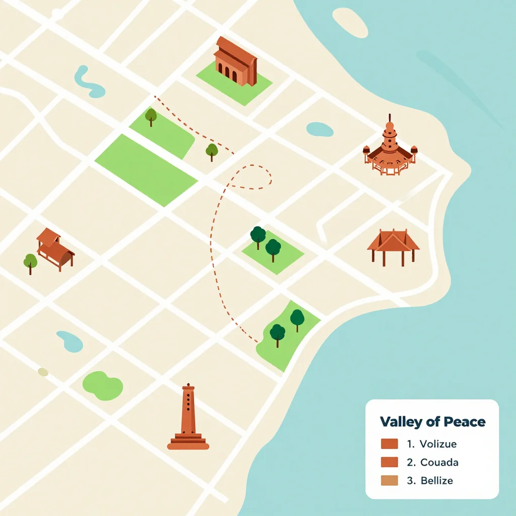Isometric flat design tourist map of Valley of Peace, Belize showing landmarks, attractions, and points of interest