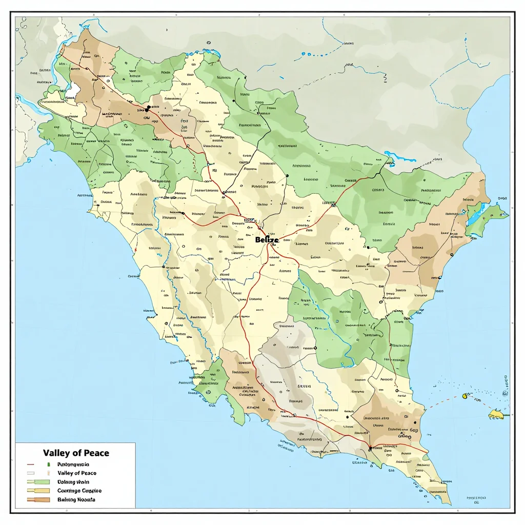 Political map showing borders, administrative divisions, major cities, and capital of Valley of Peace, Belize