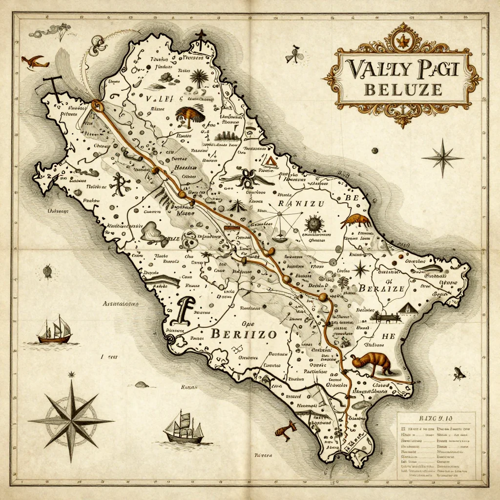 Antique vintage map of Valley of Peace, Belize showing historical cartography style from 17th century